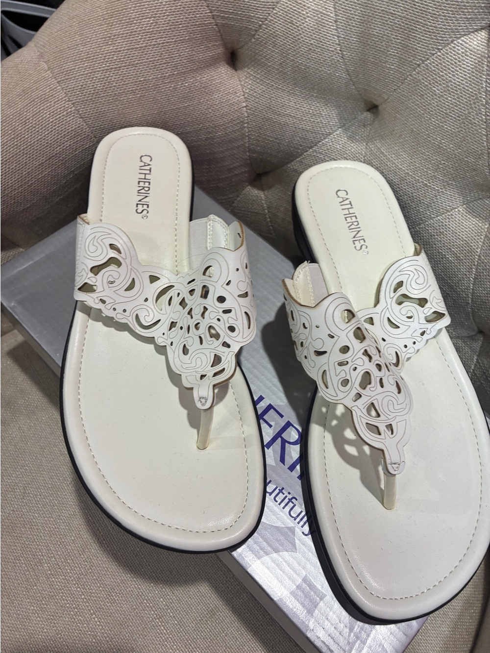 Catherines White Laser-Cut Thong Sandals with Decorative Upper